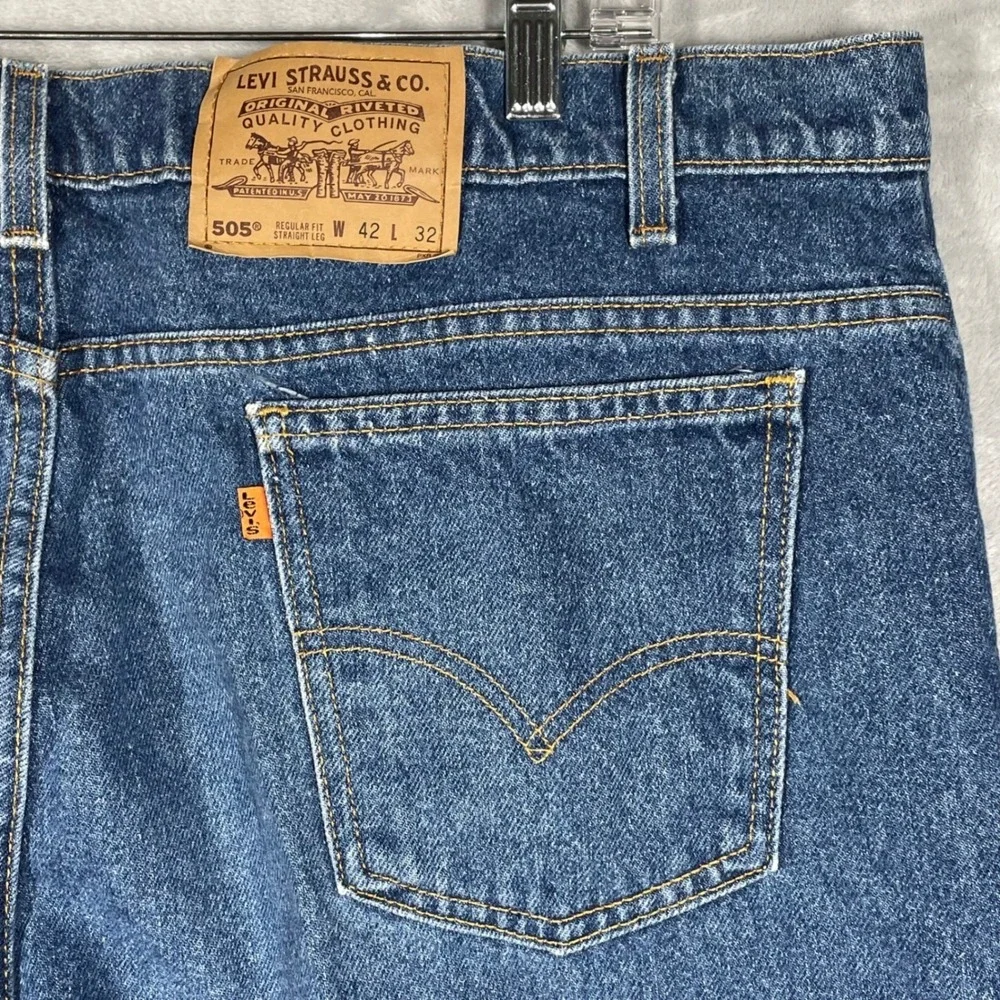 Levis 505 Orange Tab Jeans Mens 42x32 Regular Fit Straight Leg USA Blue Vintage
